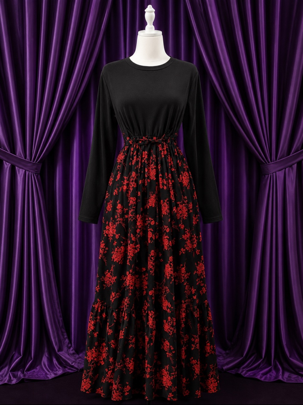 Black & Red Floral Long Sleeve Maxi Dress